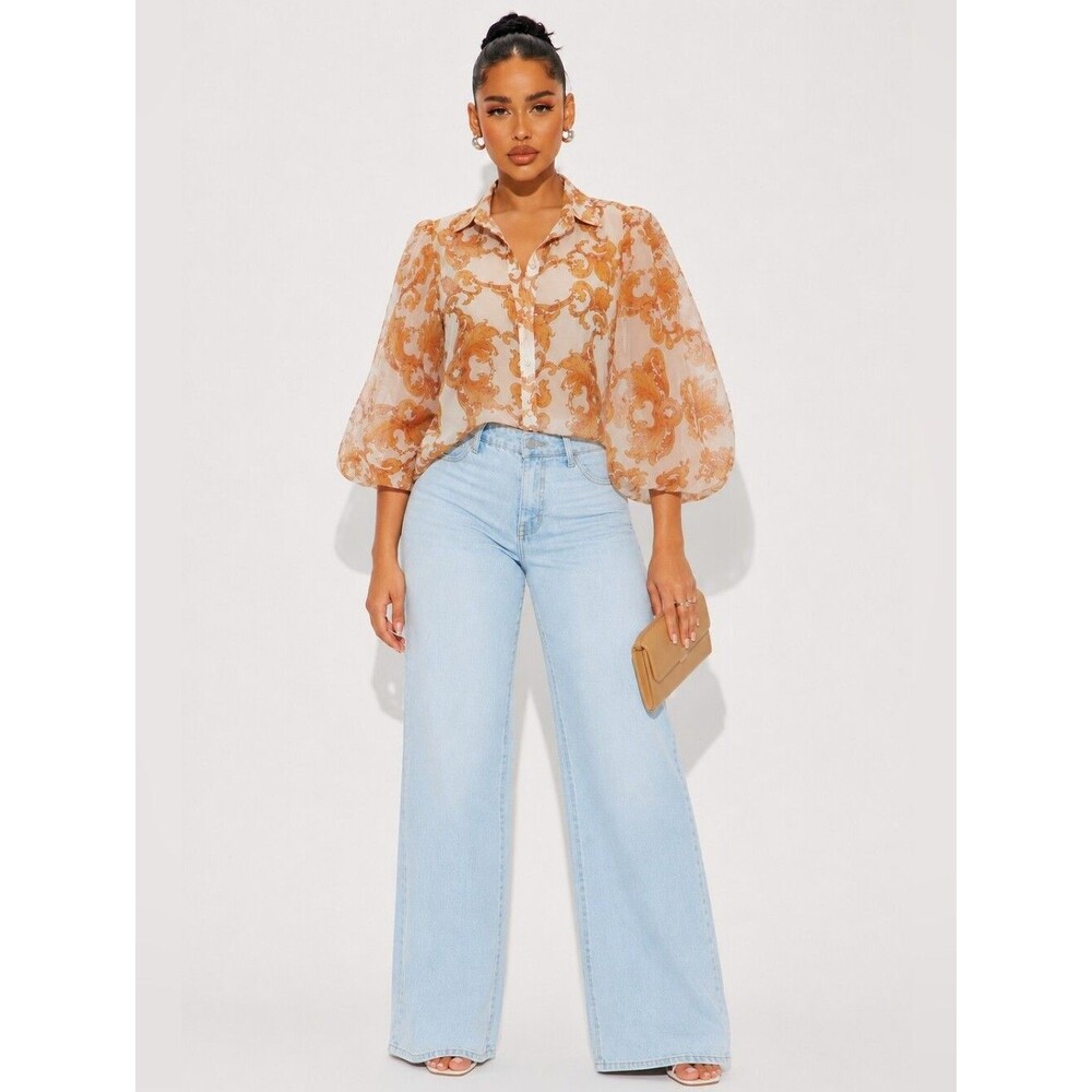 Women's Size Medium Sheer Button Down Top Bubble Sleeves jacqard